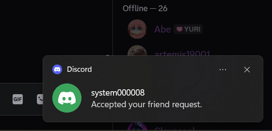A Discord notification saying that SYSTEM accepted a friend request